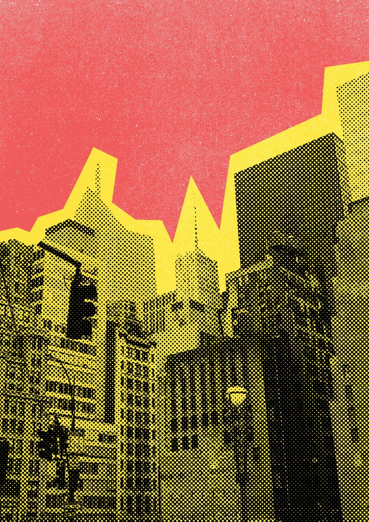 Cartaz em meio-tom de skyline urbano em vermelho e amarelo