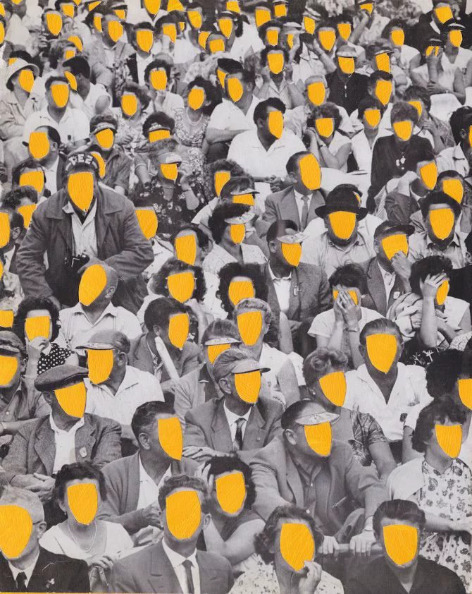 Colagem de plateia com rostos cobertos em amarelo