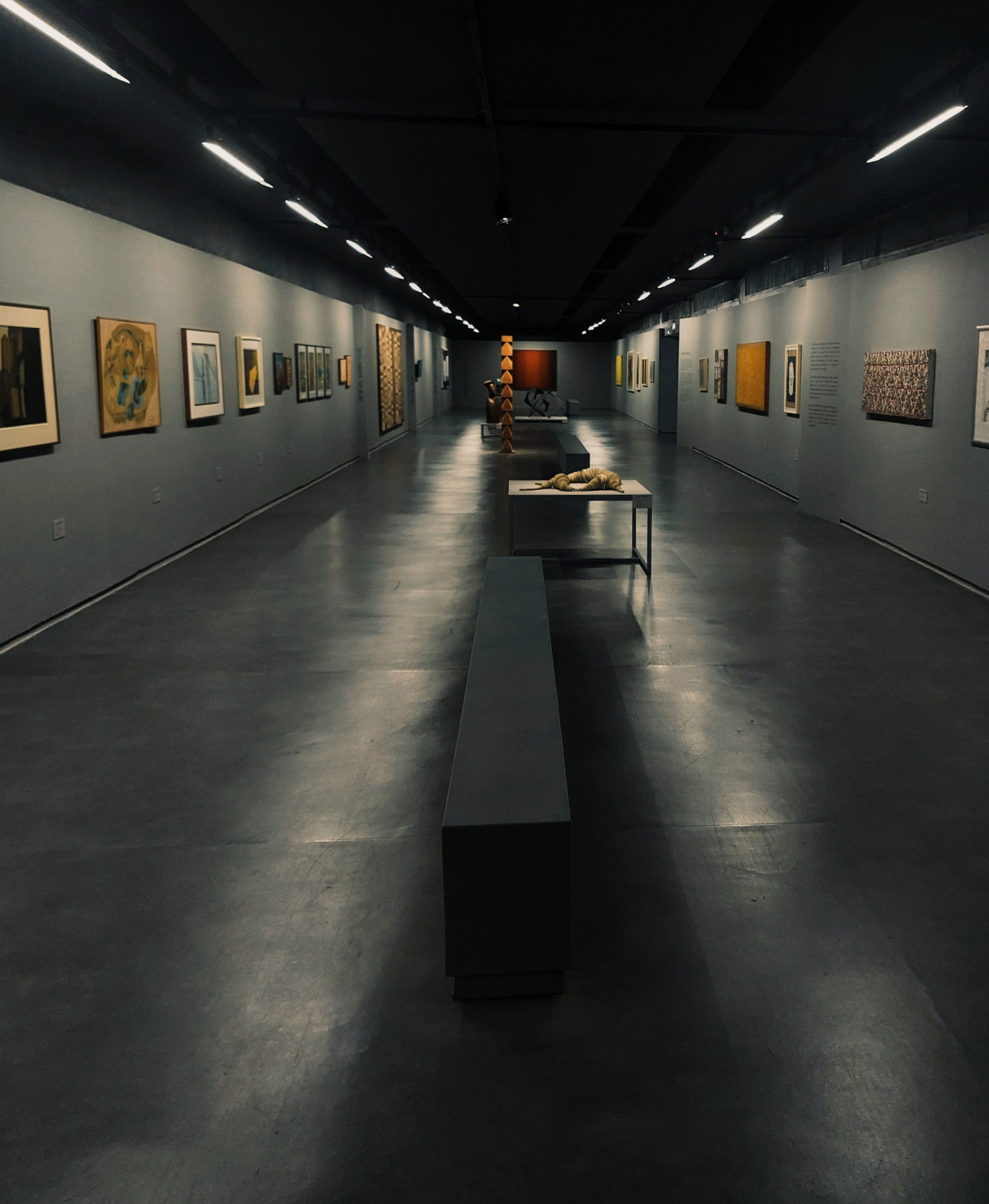 Galeria de museu — corredor com obras nas paredes